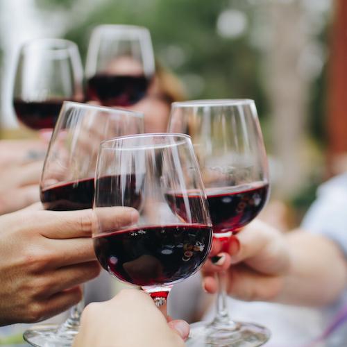 A group of people hold wine glasses together.